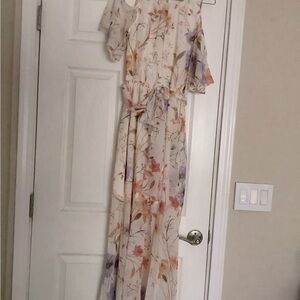Calvin Klein Floral Chiffon Dress in Cream and Orange